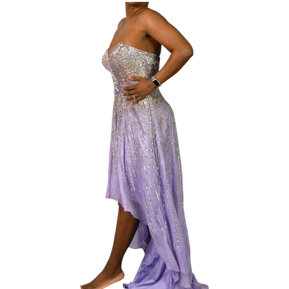 Sherri Hill Silk Dress Purple Sequin Sweetheart Hi Low Strapless Gown Formal 8 - Picture 6 of 16